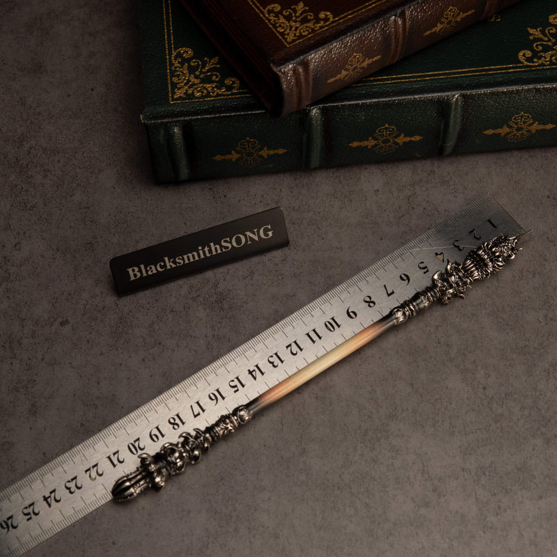Chitin Staff replica — size chart beside a metal ruler, 22cm / 8.7 inches, 1:6 scale.