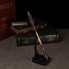 Chitin Staff replica — standing upright on the vertical display stand.