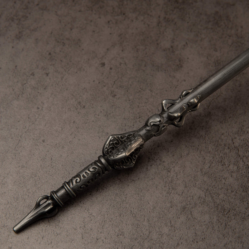 Chu-Bai Spear replica — close-up of the carved shaft section and the tail end.