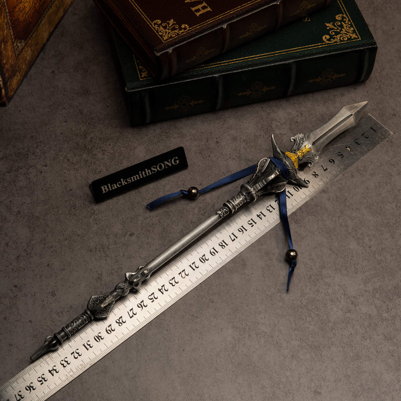 Chu-Bai Spear replica — size chart, laid beside a ruler, 35cm / 13.8 inches, 1:6 scale.