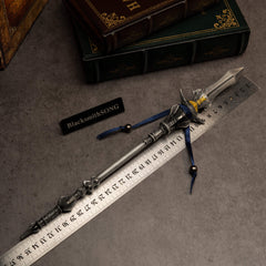 Chu-Bai Spear replica — size chart, laid beside a ruler, 35cm / 13.8 inches, 1:6 scale.
