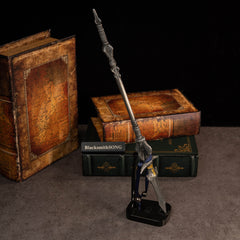 Chu-Bai Spear replica — standing upright on the vertical display stand.