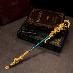 Golden Loong Staff replica (35cm die-cast zinc alloy cudgel) — matte-gold dragons on a teal shaft, by BlacksmithSONG.