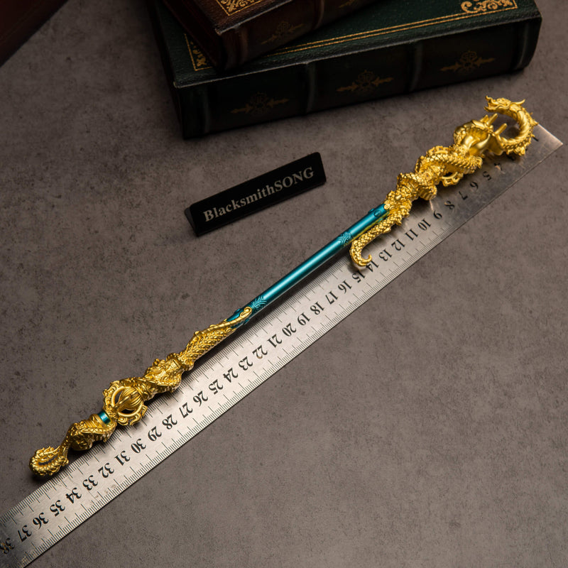 Golden Loong Staff replica — size chart, 35cm / 13.8 inches, 1:6 scale, laid beside a ruler.