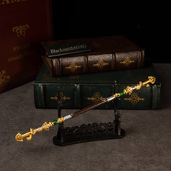 Loongwreathe Staff replica — displayed on the large display stand.