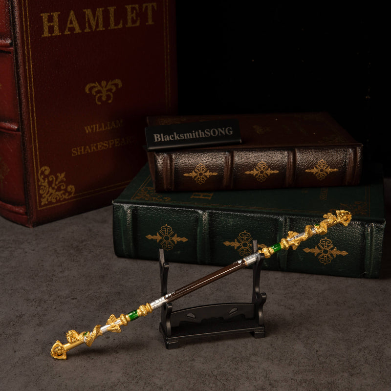 Loongwreathe Staff replica — displayed on the small display stand.