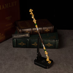 Loongwreathe Staff replica — standing upright on the vertical display stand.