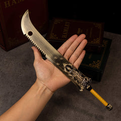 Zodiac Tiger Sabre replica (35cm die-cast zinc alloy greatsword) — held in hand for scale.