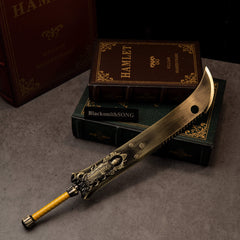 Zodiac Tiger Sabre replica (35cm die-cast zinc alloy greatsword) — curved brass blade on stacked books, by BlacksmithSONG.