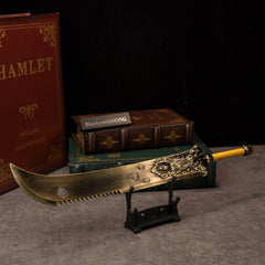 Zodiac Tiger Sabre replica — displayed on the small display stand in front of stacked books.