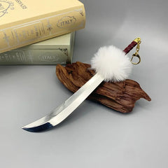 Anime-style 1:6 zinc alloy sword replica with fluffy pom, displayed on wood, collectible