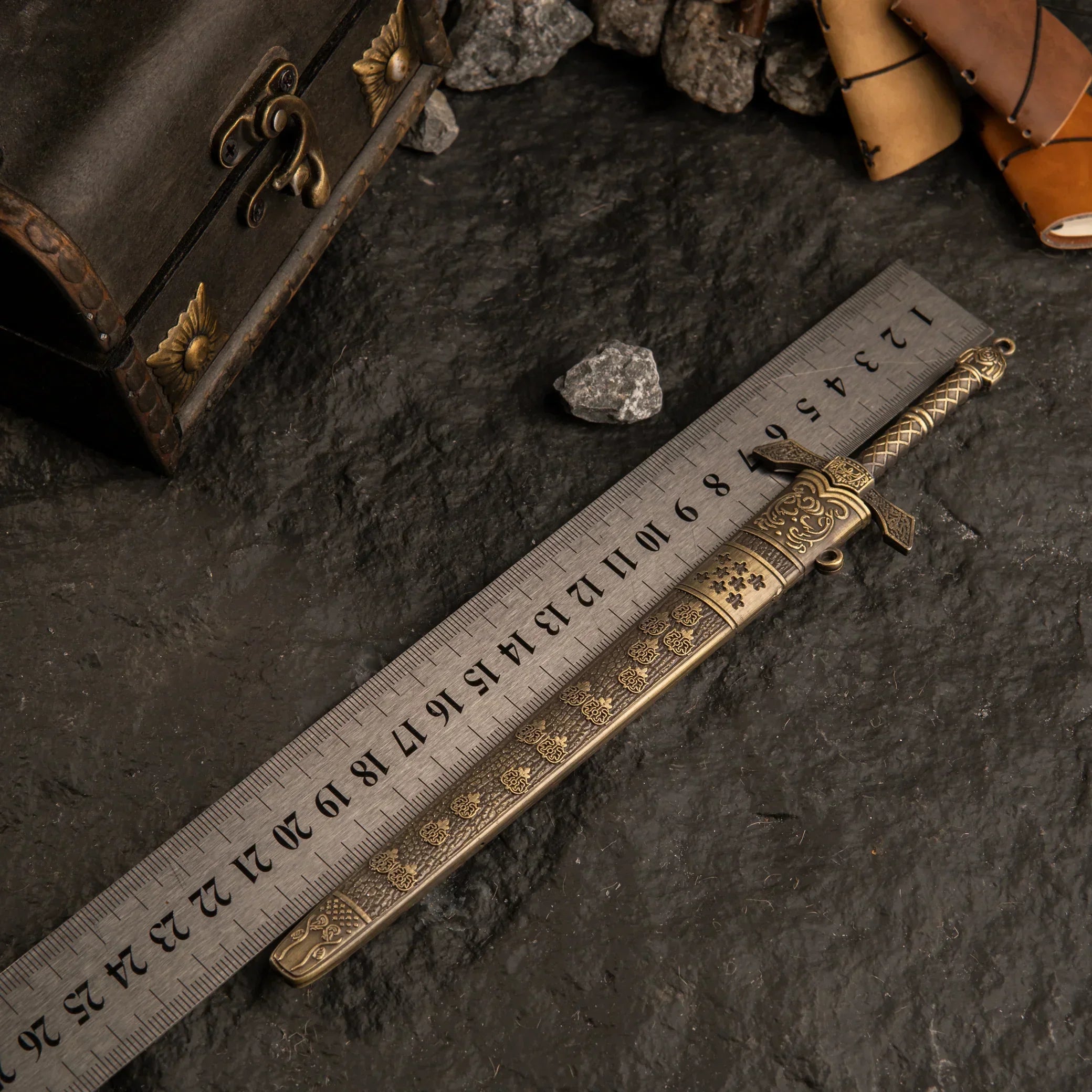 Banished Knight's Greatsword replica placed next to a ruler showing a length of approximately 22cm.