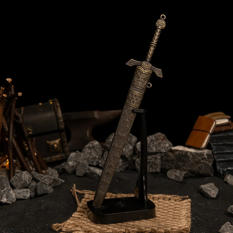 Vertical display of the Banished Knight's Greatsword on an upright black stand against a dark background.