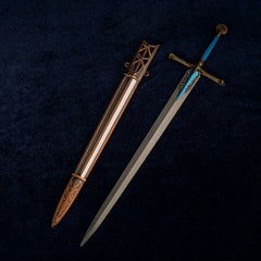 Carian Knight's Sword metal replica isolated on a black background, showing the straight silver blade and scabbard.