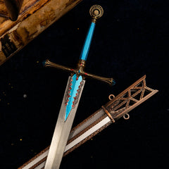 Close-up detail of the Carian Knight's Sword hilt, featuring a blue gemstone and gold accents.