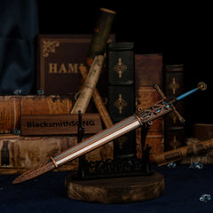 Carian Knight's Sword displayed horizontally on a large black sword stand.