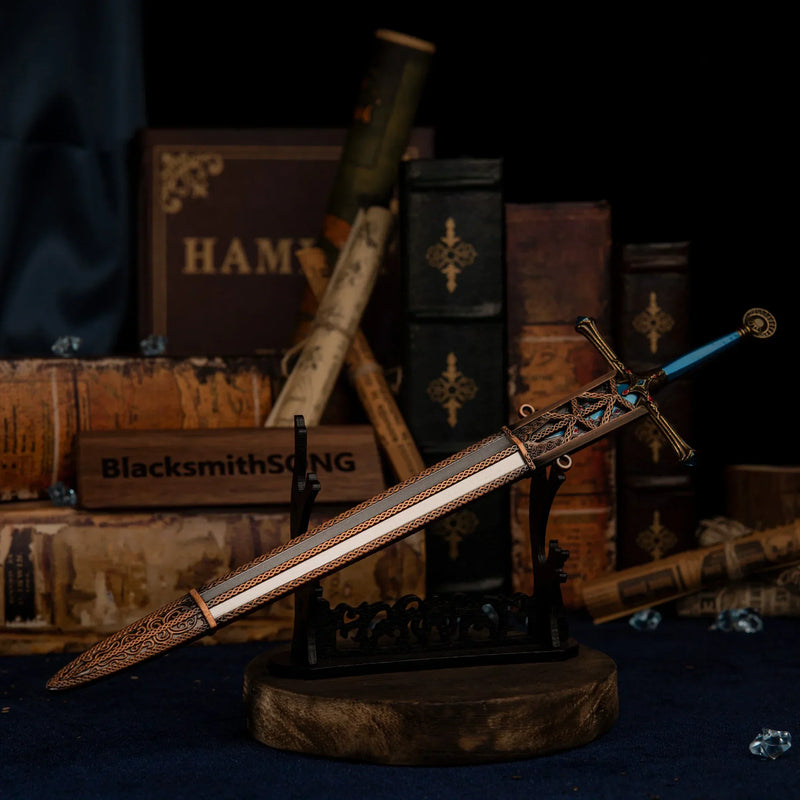 Carian Knight's Sword displayed horizontally on a large black sword stand.