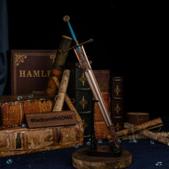 Vertical display of the Carian Knight's Sword on an upright black stand with vintage books in the background.