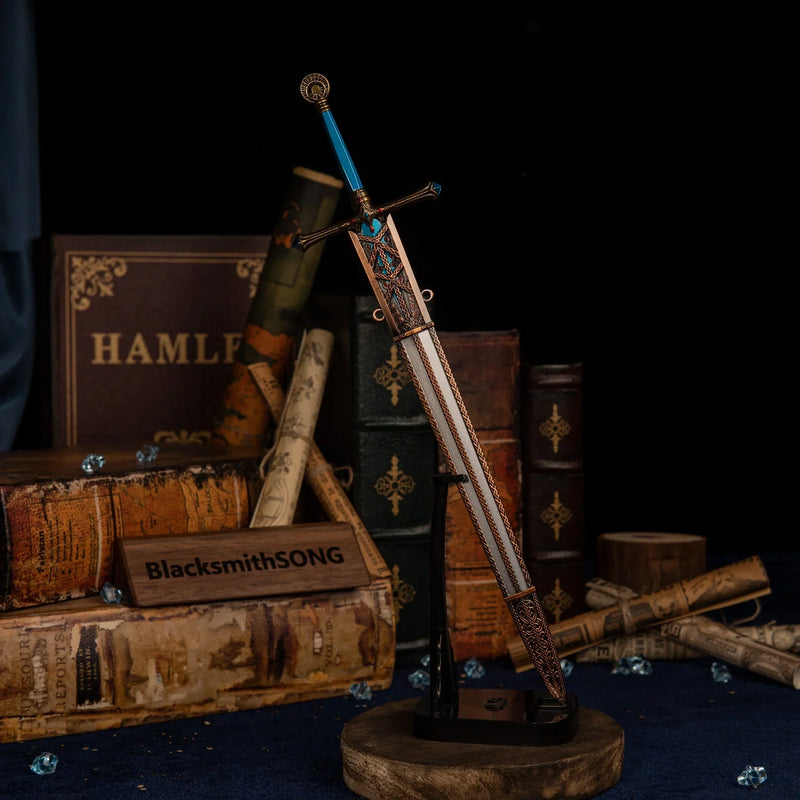 Vertical display of the Carian Knight's Sword on an upright black stand with vintage books in the background.