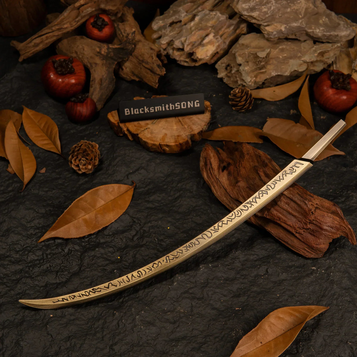High-angle view of the Hand of Malenia sword on a textured rock surface with fall leaves.