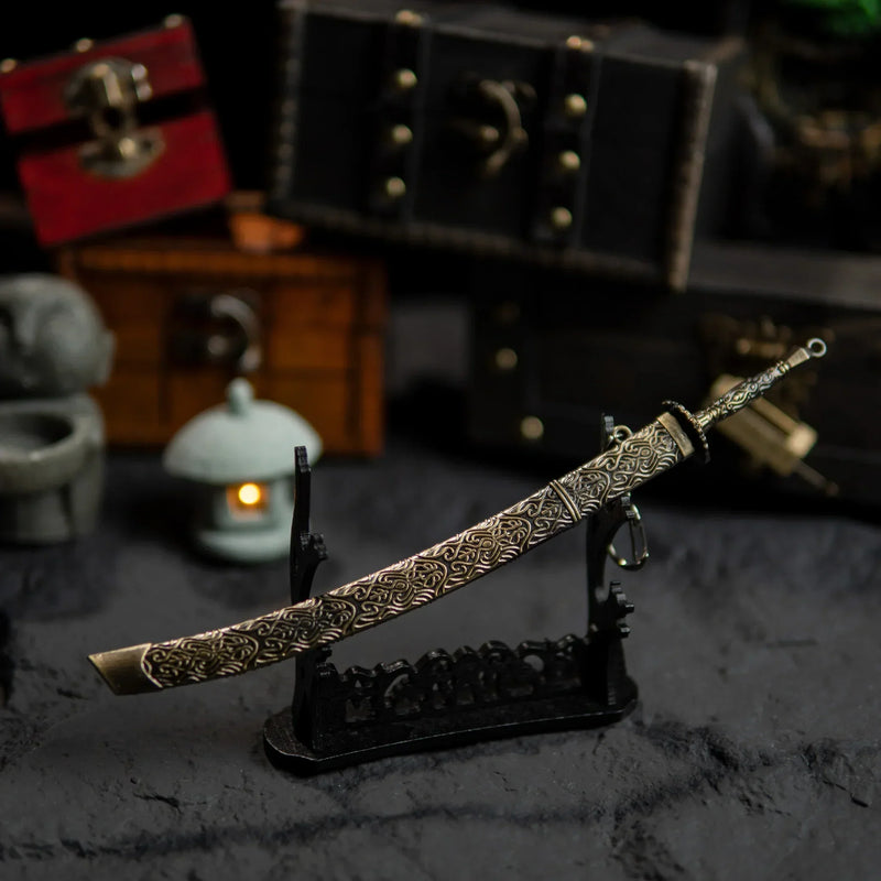 Meteoric Ore Blade displayed horizontally on a large black stand with chests in the background.