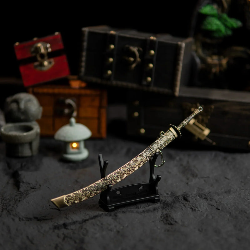 Meteoric Ore Blade replica displayed horizontally on a small stand.