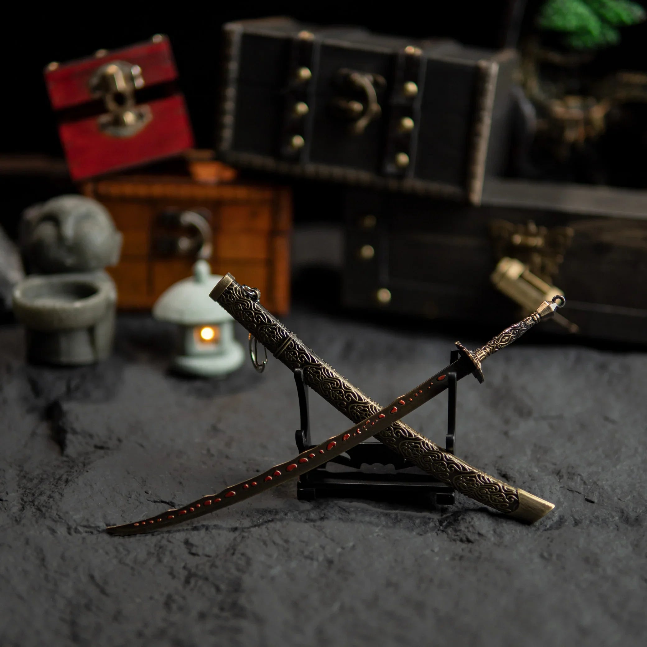 Meteoric Ore Blade sword and scabbard displayed in a crossed X-shape on a stand.