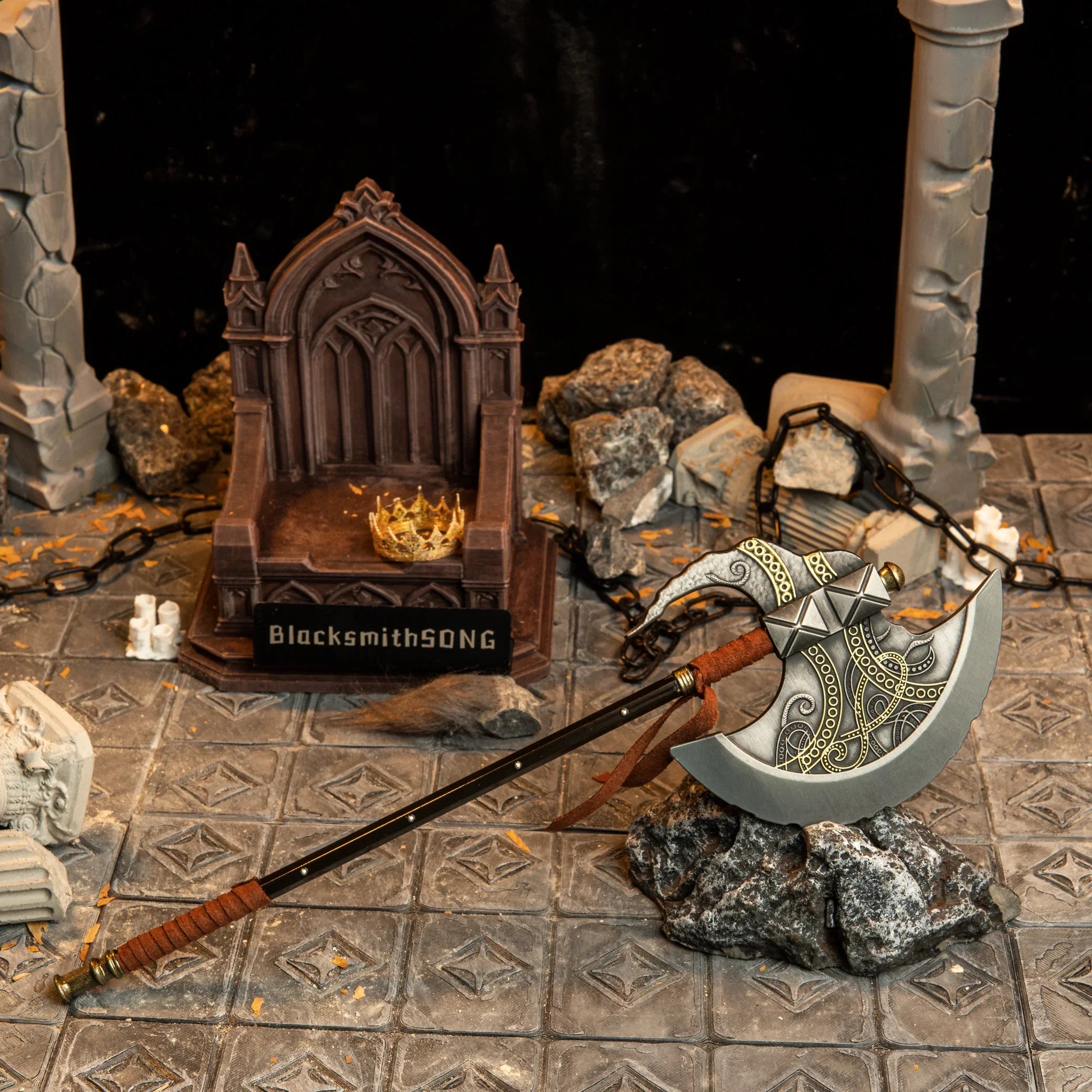 Axe of Godfrey replica (27.5cm die-cast zinc alloy axe) — resting on stone before a ruined throne, by BlacksmithSONG.