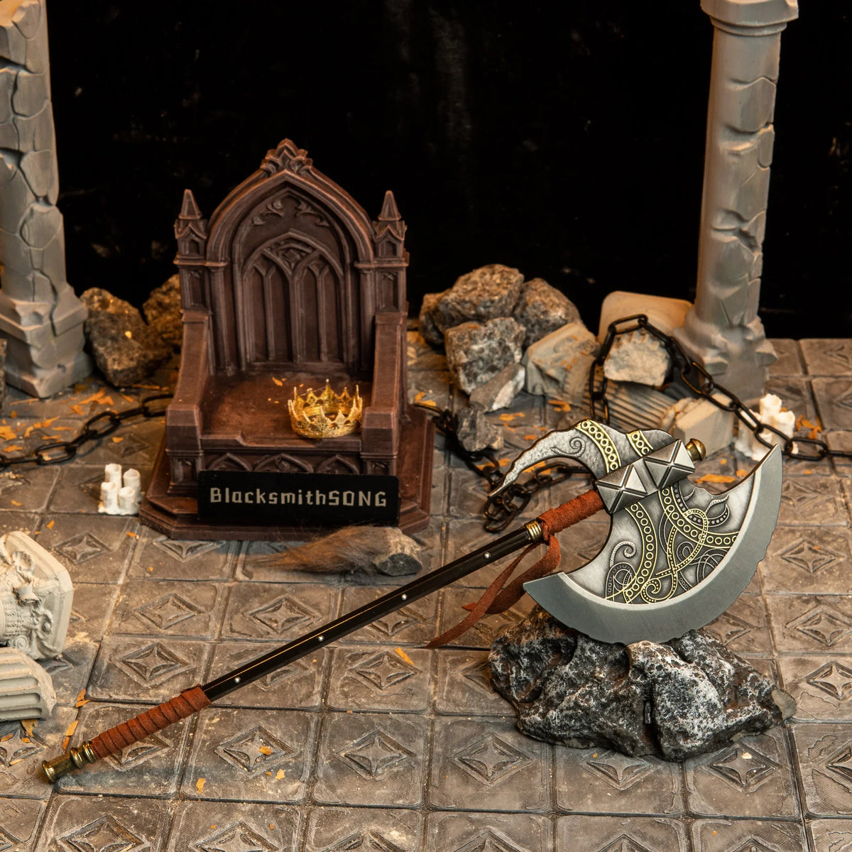 Axe of Godfrey replica (27.5cm die-cast zinc alloy axe) — resting on stone before a ruined throne, by BlacksmithSONG.