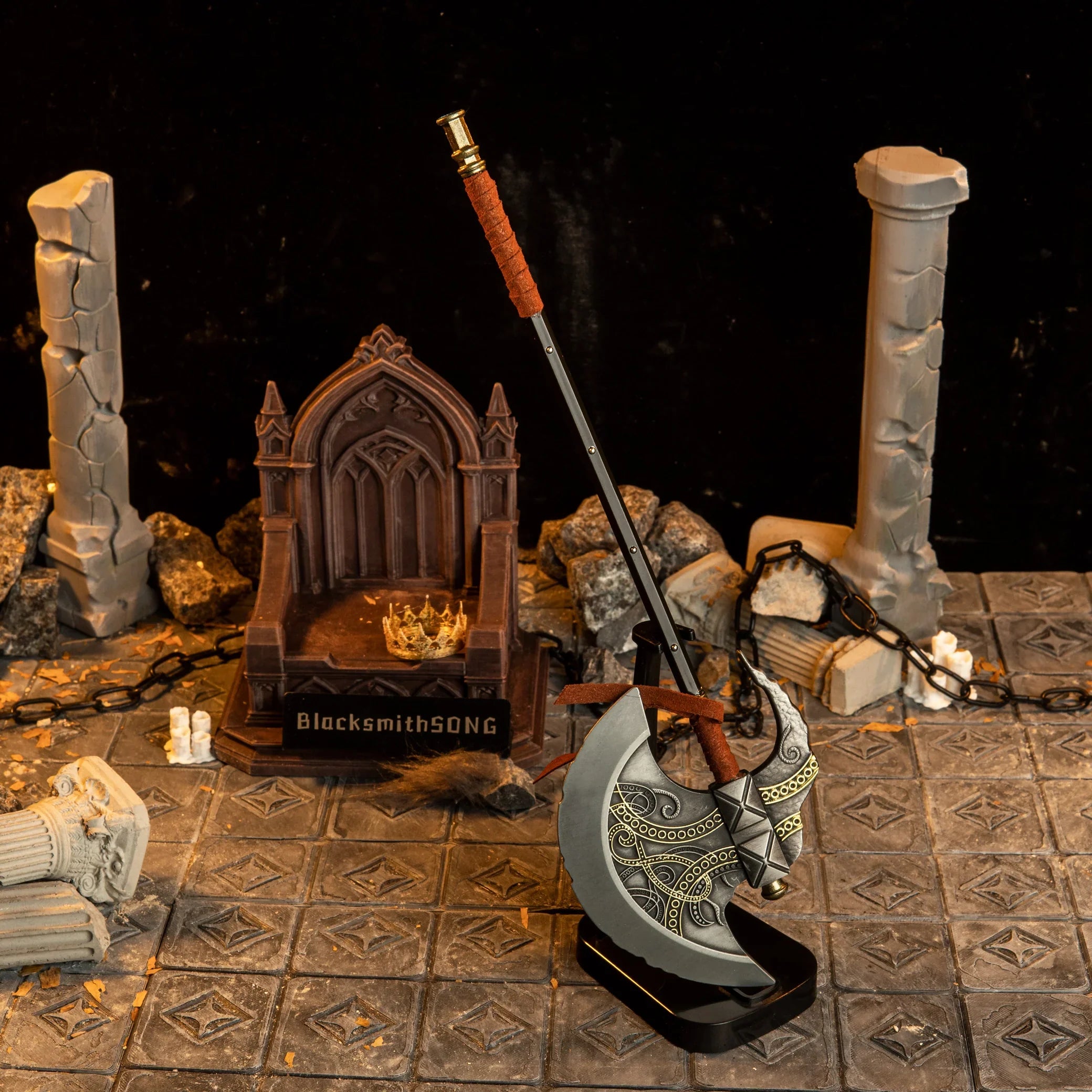 Axe of Godfrey replica — standing at full height on the vertical stand.