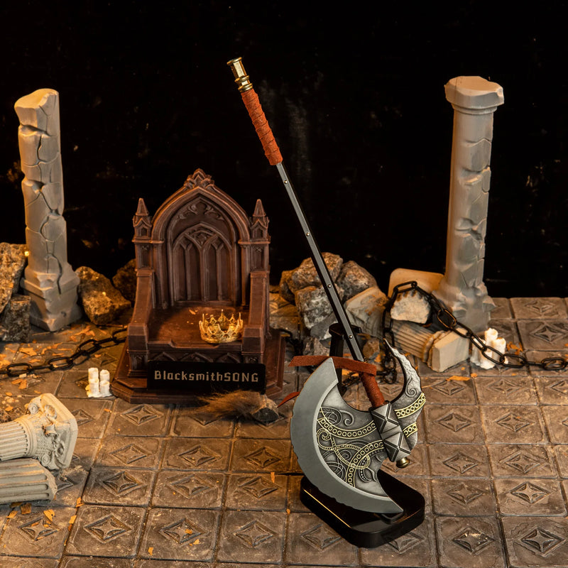Axe of Godfrey replica — standing at full height on the vertical stand.