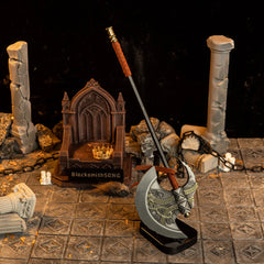 Axe of Godfrey replica — standing at full height on the vertical stand.