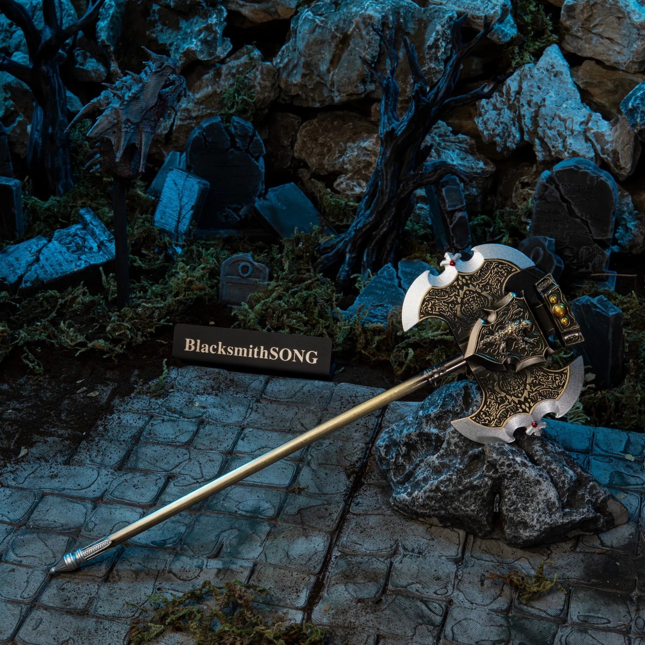 Axe of Godrick replica (23cm die-cast zinc alloy greataxe) — in a handcrafted graveyard diorama, by BlacksmithSONG.