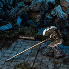 Axe of Godrick replica (23cm die-cast zinc alloy greataxe) — in a handcrafted graveyard diorama, by BlacksmithSONG.