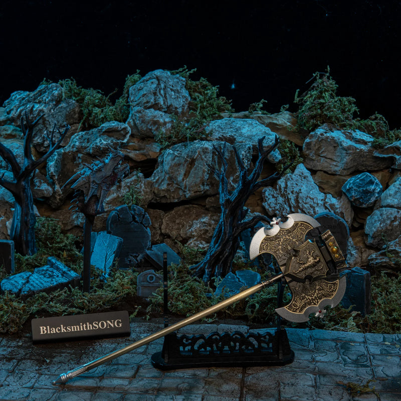 Axe of Godrick replica — laid full length across the large display stand.