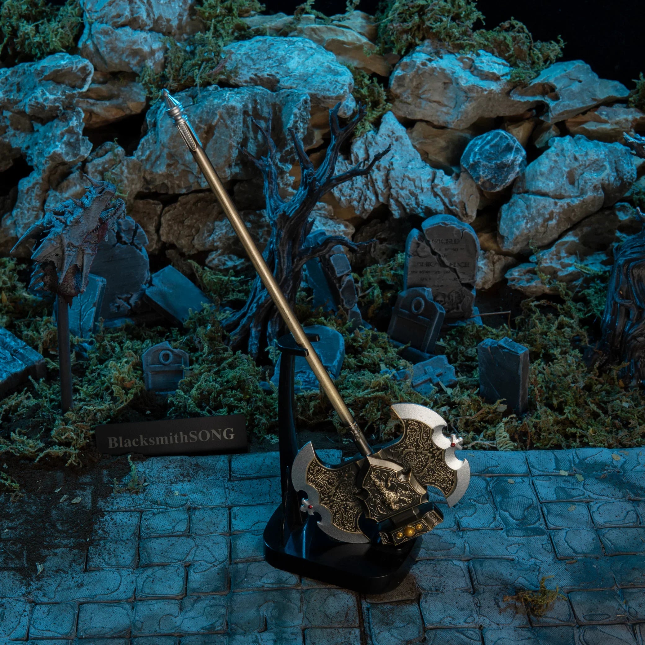 Axe of Godrick replica — standing upright on the vertical stand.