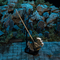 Axe of Godrick replica — standing upright on the vertical stand.