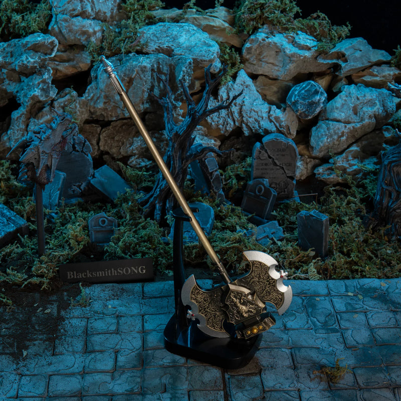 Axe of Godrick replica — standing upright on the vertical stand.