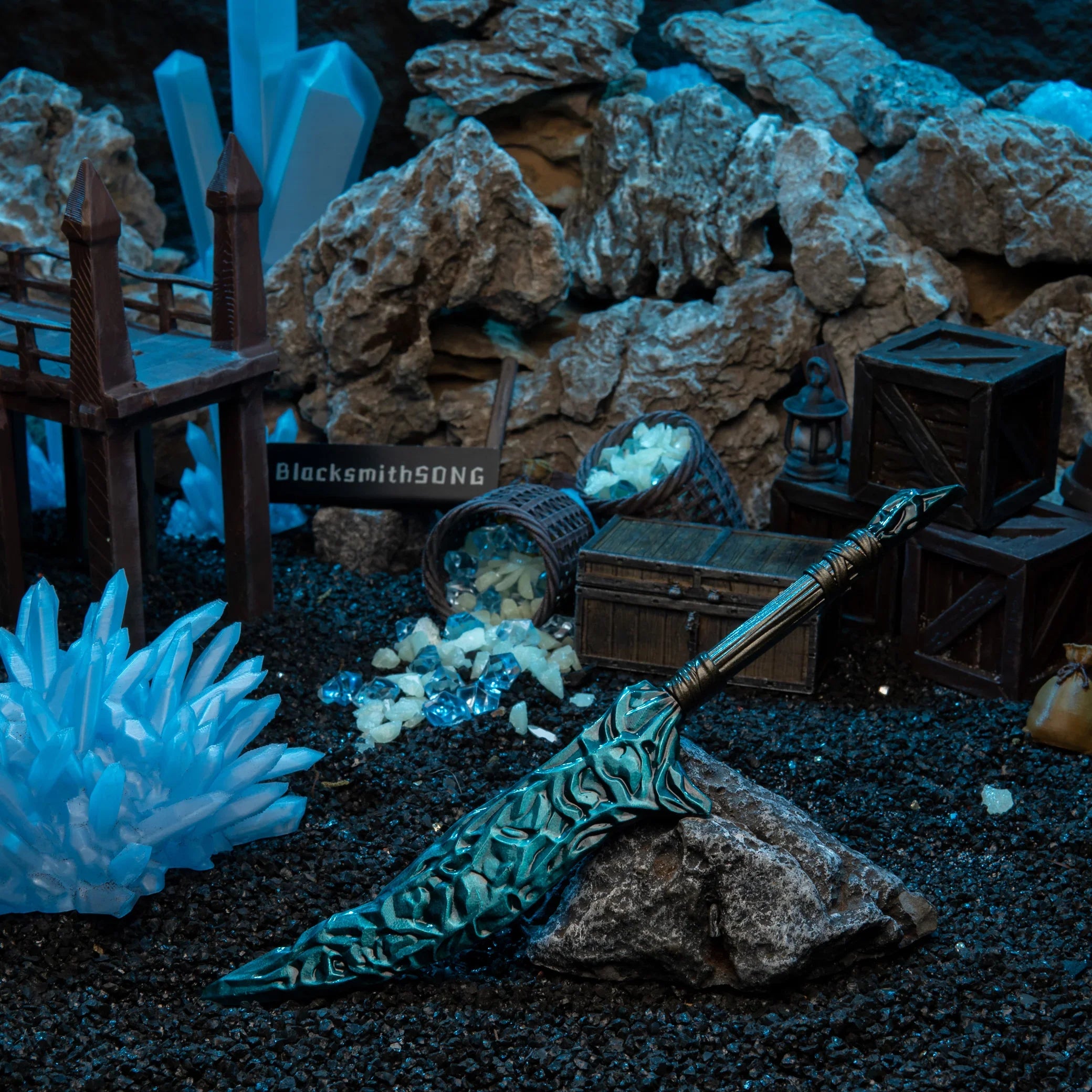 Crystal Knife replica (22cm die-cast zinc alloy dagger) — hero shot in a handmade crystal mine diorama, by BlacksmithSONG.