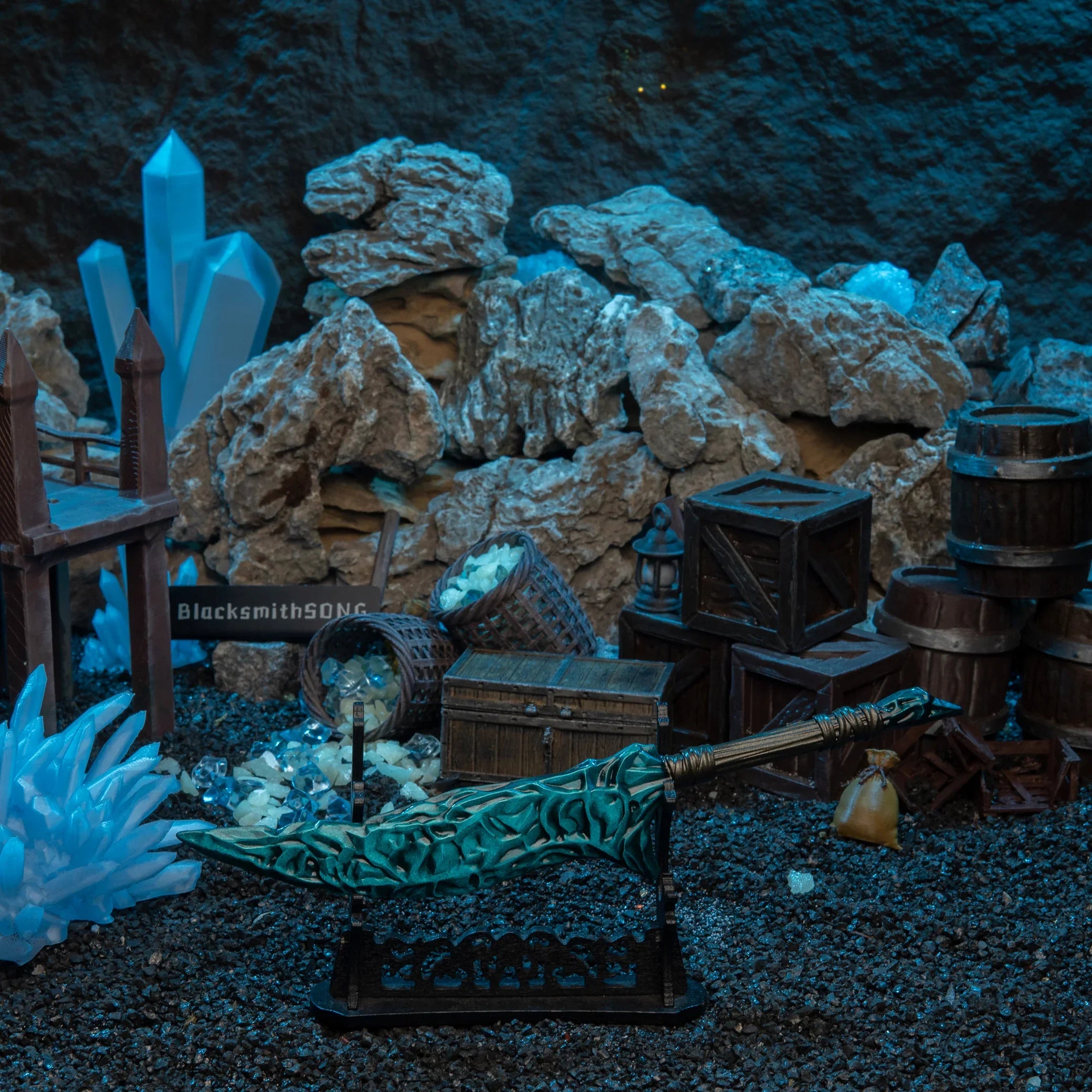 Crystal Knife replica — displayed flat on the large stand inside the mine diorama.