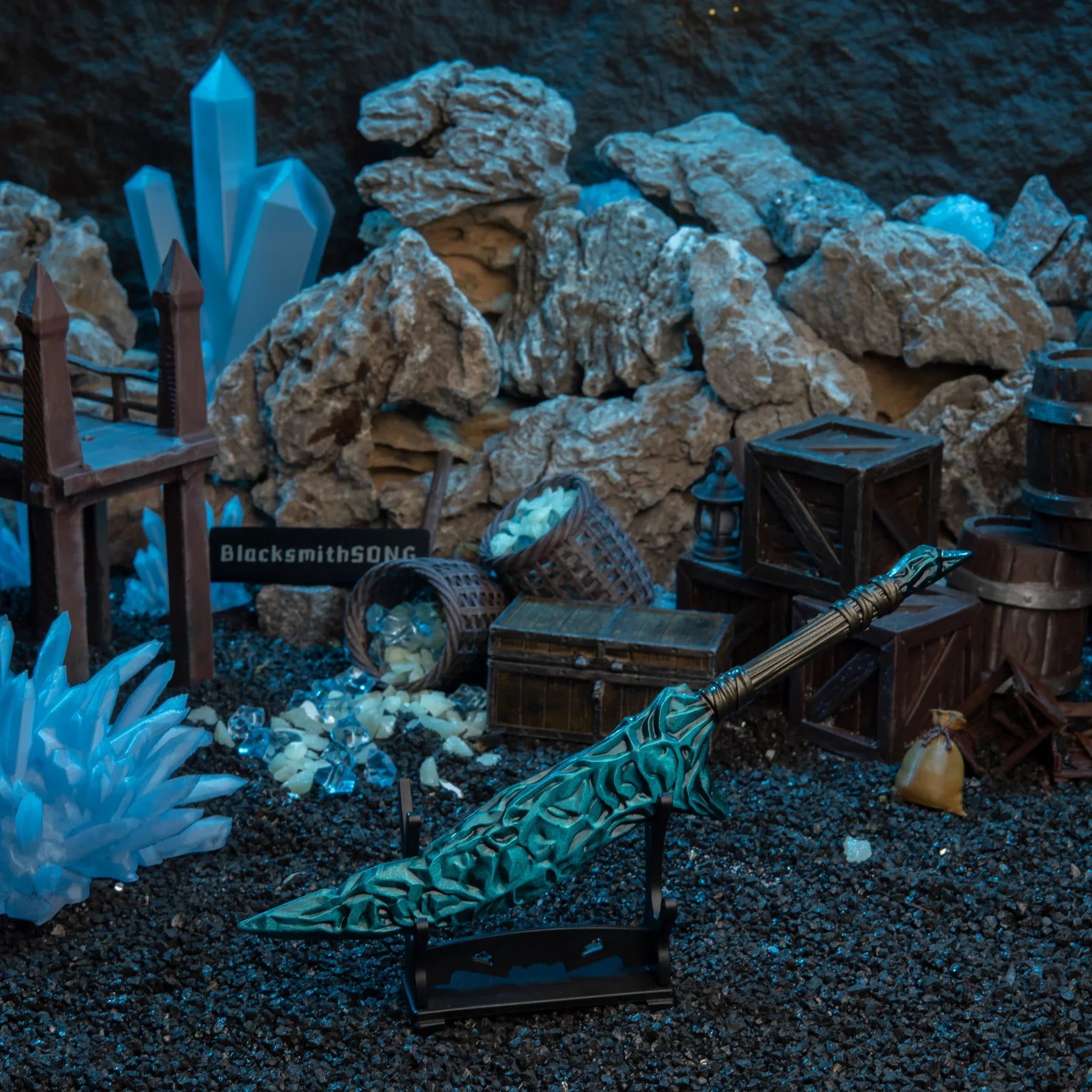 Crystal Knife replica — shown angled on the small display stand.