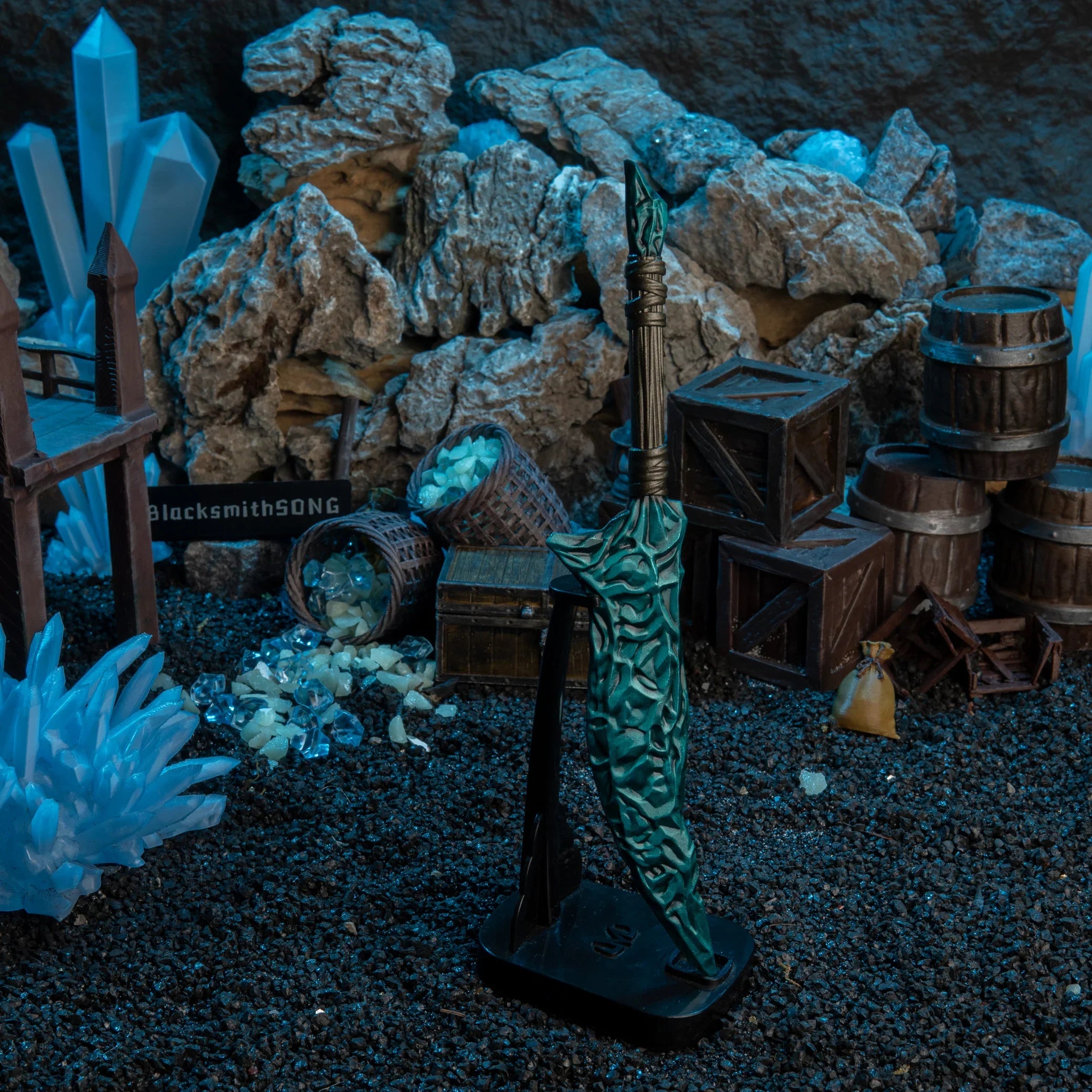 Crystal Knife replica — standing upright on the vertical stand against the mine wall.