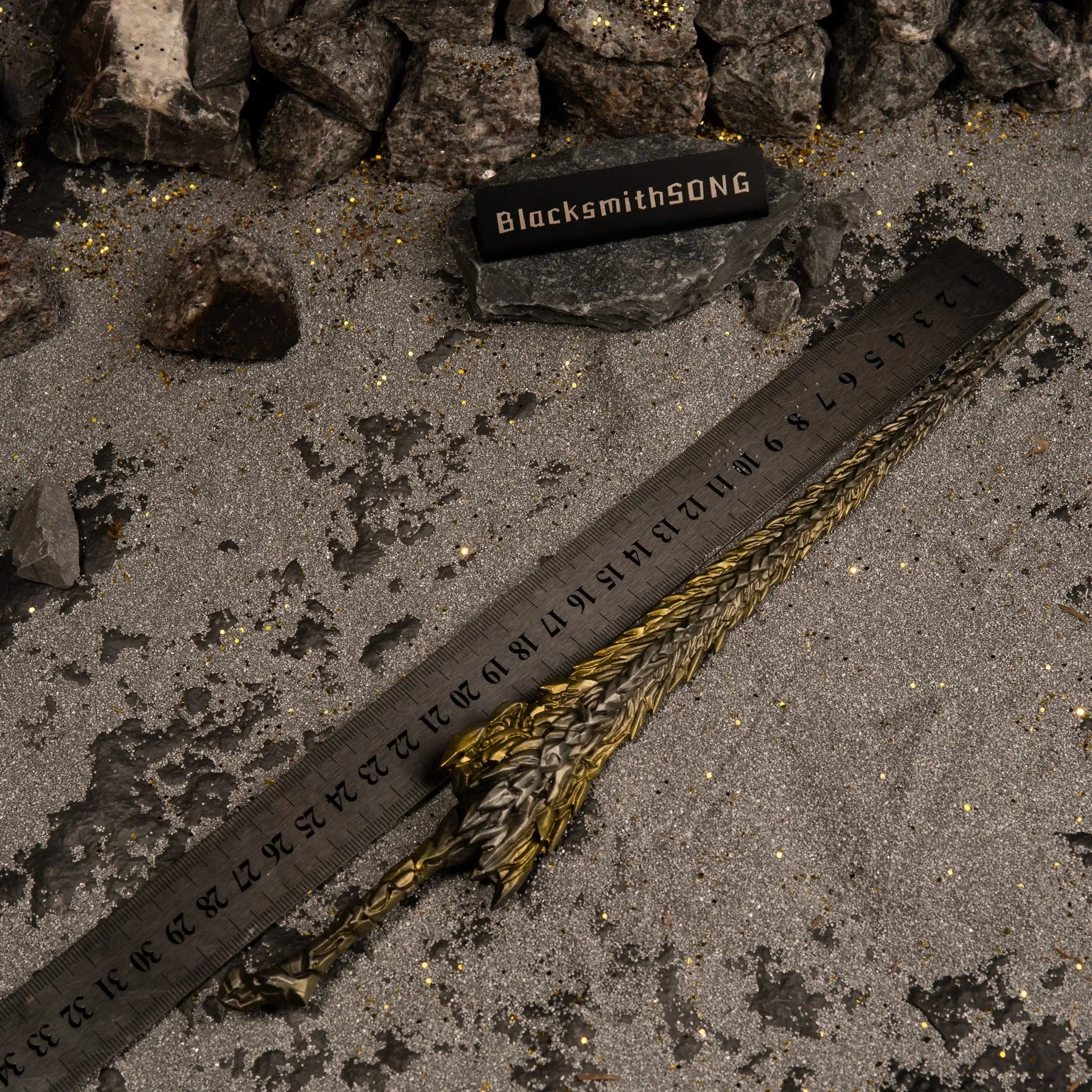 Dragon King's Cragblade replica placed next to a ruler showing a length of 30cm.
