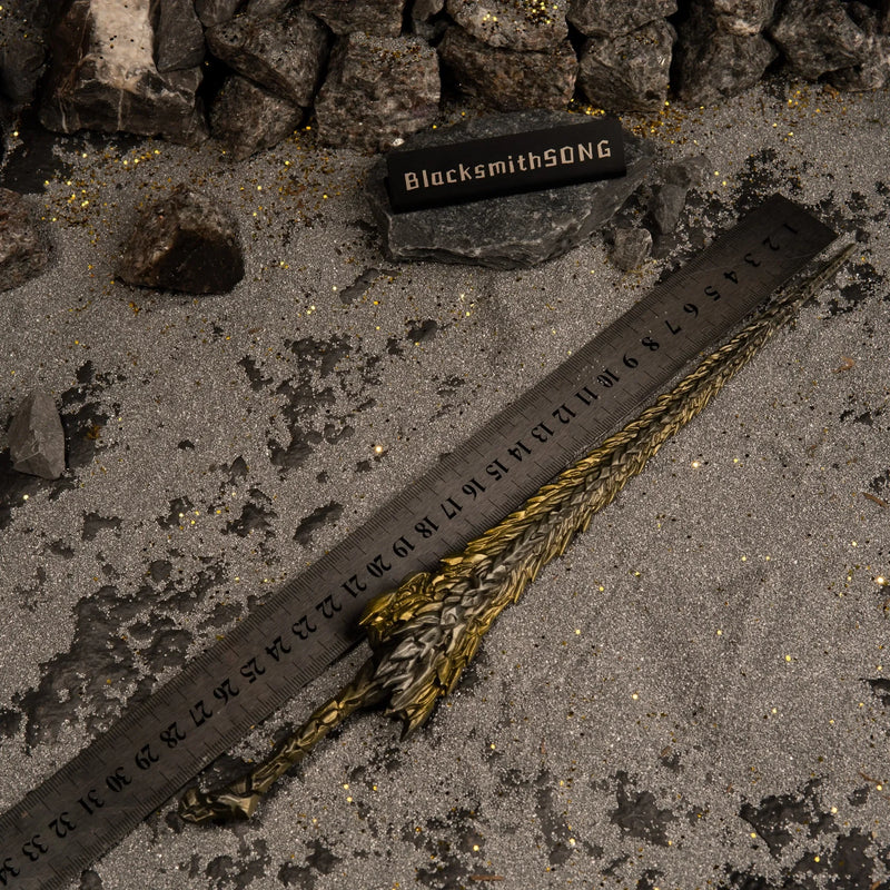 Dragon King's Cragblade replica placed next to a ruler showing a length of 30cm.
