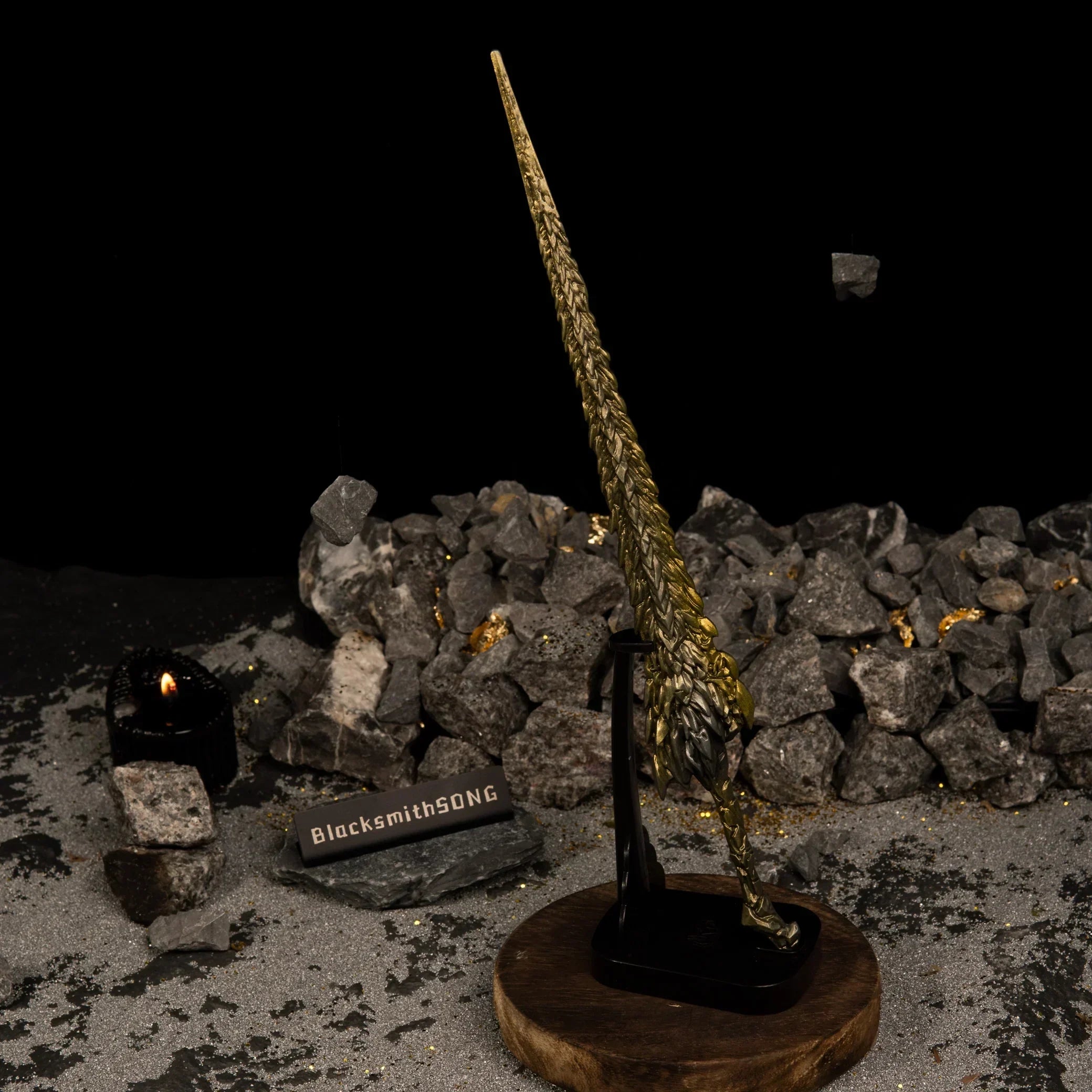 Vertical display of the Dragon King's Cragblade on an upright black stand against a dark background with rocks.