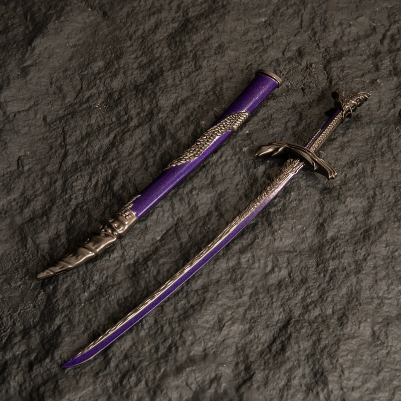 Dragonscale Blade metal katana replica and its purple scabbard isolated on a dark textured background.