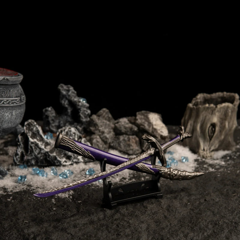 Unsheathed Dragonscale Blade katana displayed on a small horizontal stand next to its scabbard.
