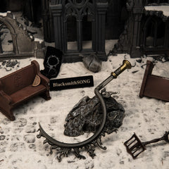 Eclipse Shotel replica (19cm die-cast zinc alloy shotel) — hero shot in a snowy chapel ruins diorama, by BlacksmithSONG.
