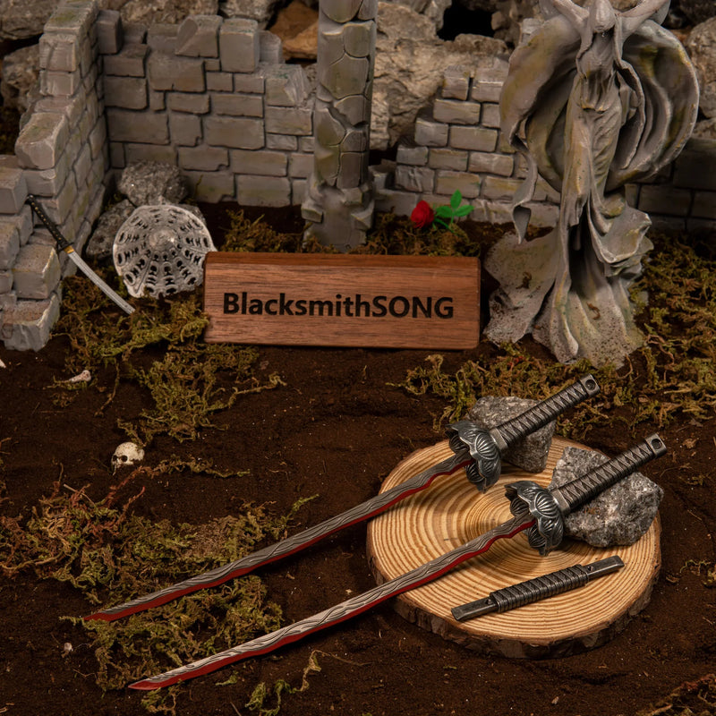 Eleonora's Poleblade replica separated into two individual curved swords resting in a ruined Altus Plateau diorama.