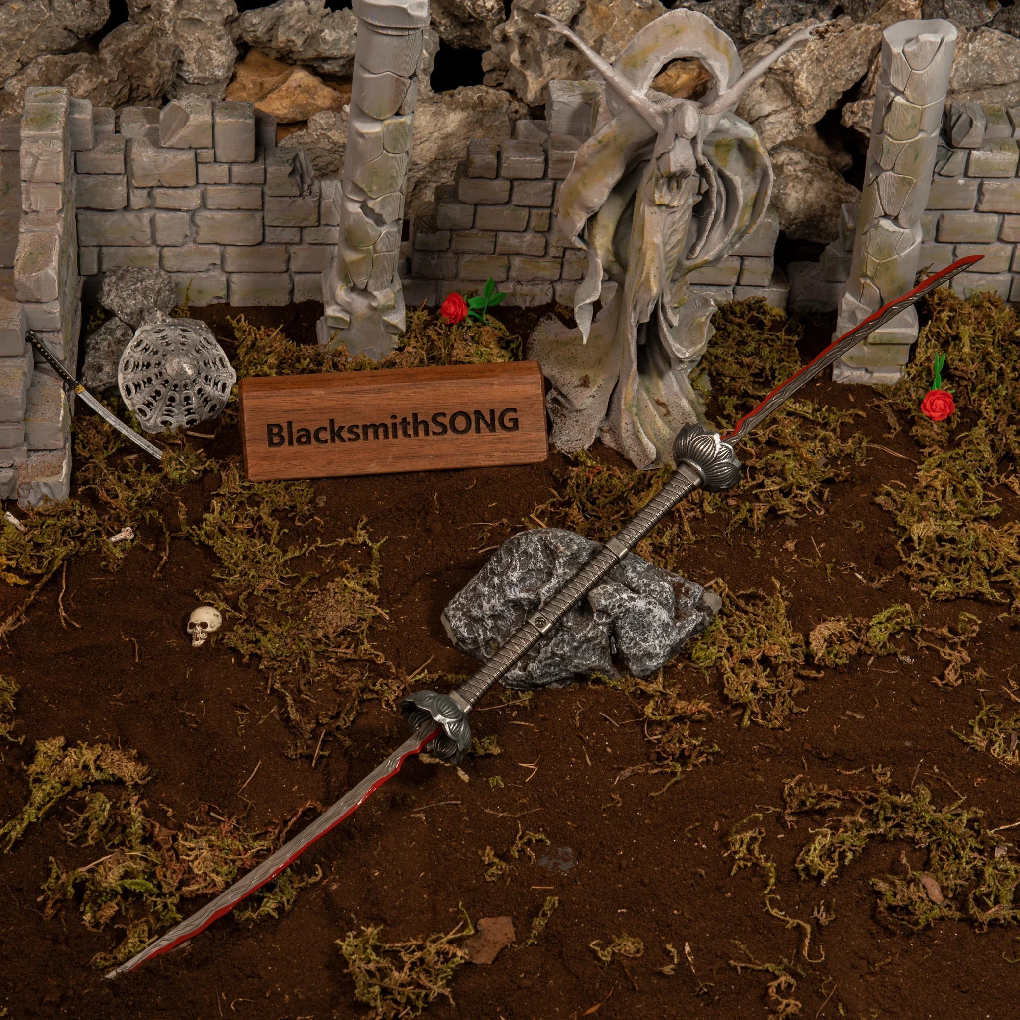 Eleonora's Poleblade replica displayed on a stone, with Marika's statue, blooming Bloodroses, and Yura's Nagakiba in the background.